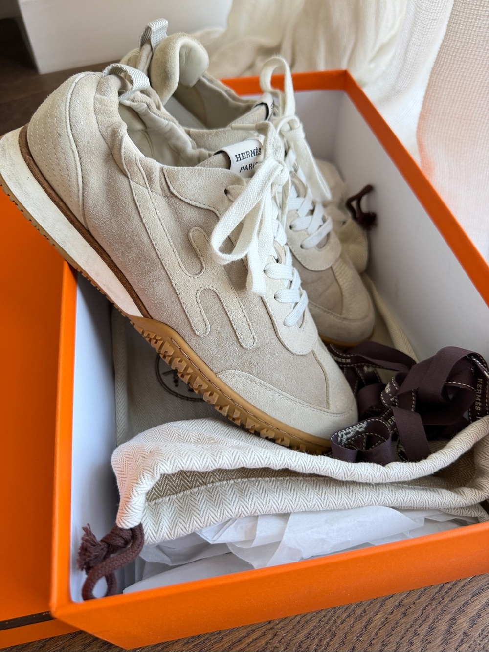Hermès Women’s Jet Suede Sneakers in Beige Glaise w/Box + Dustbags $1300